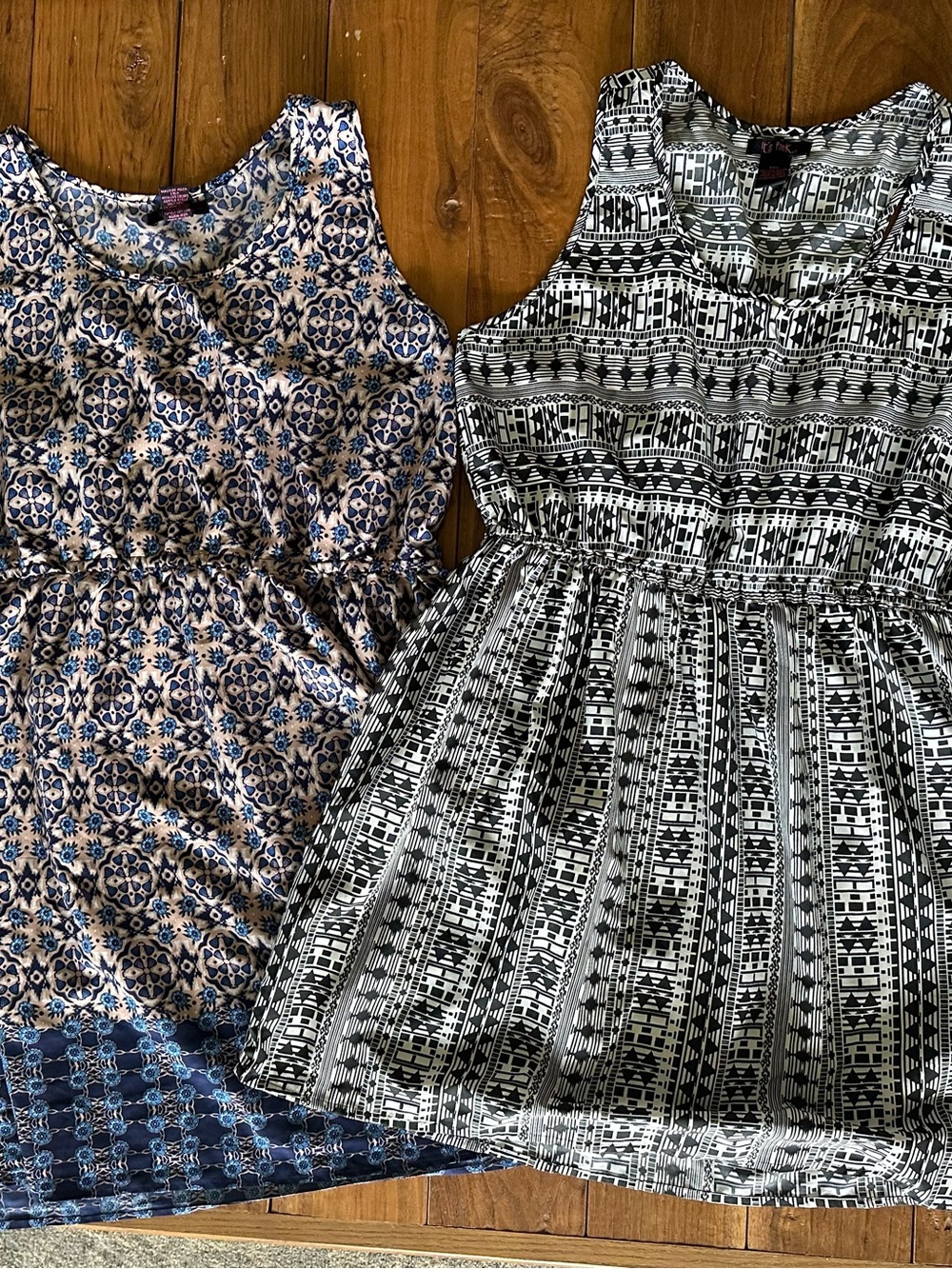 Patterned Sleeveless Midi Dresses in Blue, Cream and Black
